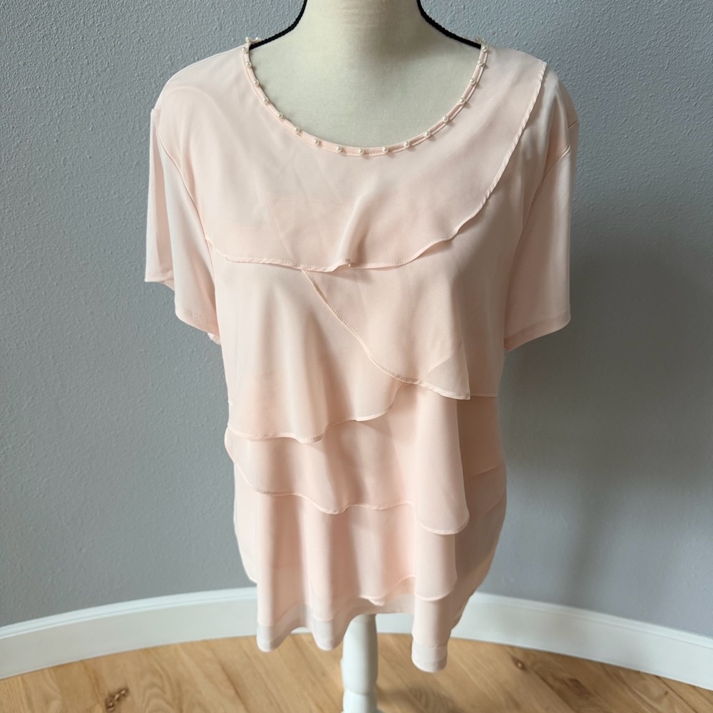 Karl Lagerfeld Paris Tiered Short Sleeve Soft Pink Layered Blouse - Picture 2 of 13